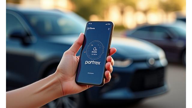 Smartphone affichant l'application mobile Roule Libre avec une voiture de sport à l'arrière-plan.
