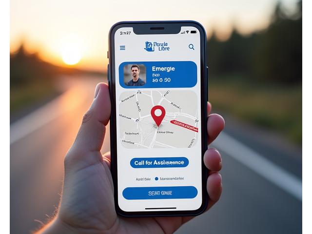 Maquette d'application mobile Roule Libre pour assistance d'urgence avec bouton d'appel prominent