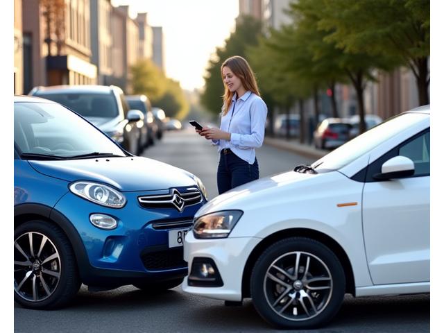 Deux voitures légèrement accidentées, mais avec le conducteur souriant grâce à la couverture d'assurance.