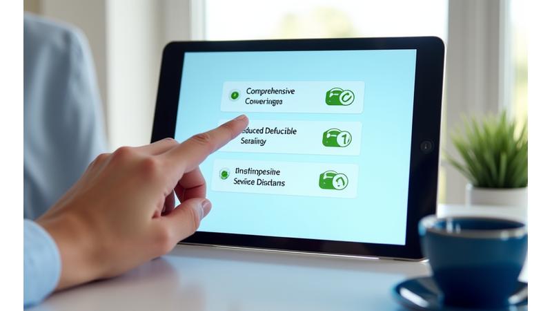 Une main tendue vers un tableau numérique montrant différentes options d'assurance voiture avec des coches vertes, symbolisant la protection complète et les choix disponibles.