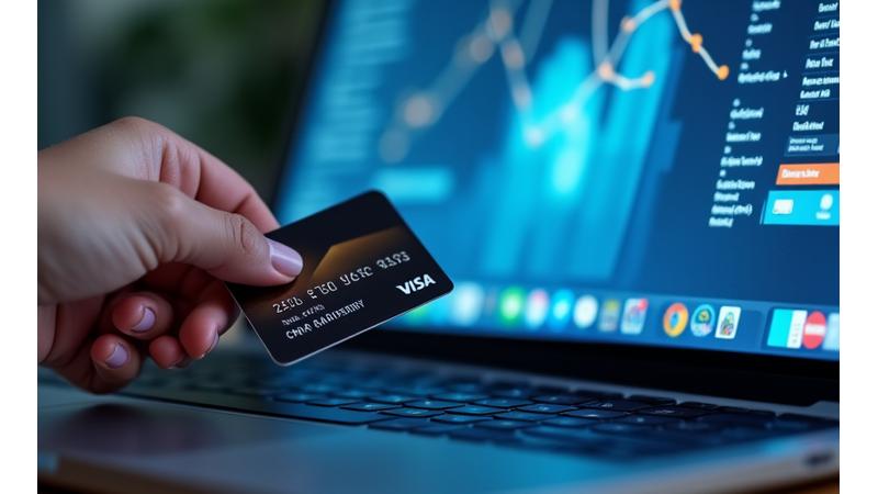 Main tenant une carte de crédit devant un clavier d'ordinateur portable affichant une application bancaire symbolisant les paiements sécurisés et la transparence financière.