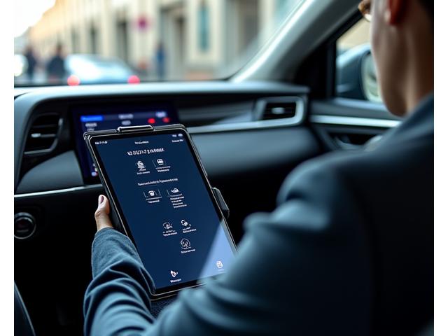 Un intérieur de voiture moderne avec une tablette sur un support, un appareil WiFi de poche et un kit mains libres professionnel sur le tableau de bord