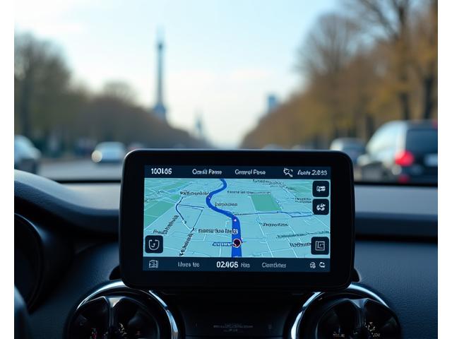 Gros plan sur un écran GPS affichant un itinéraire pour Paris