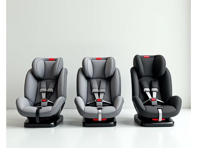 Trois types de sièges auto pour enfants alignés, montrant des options pour bébé, enfant en bas âge et enfant plus grand