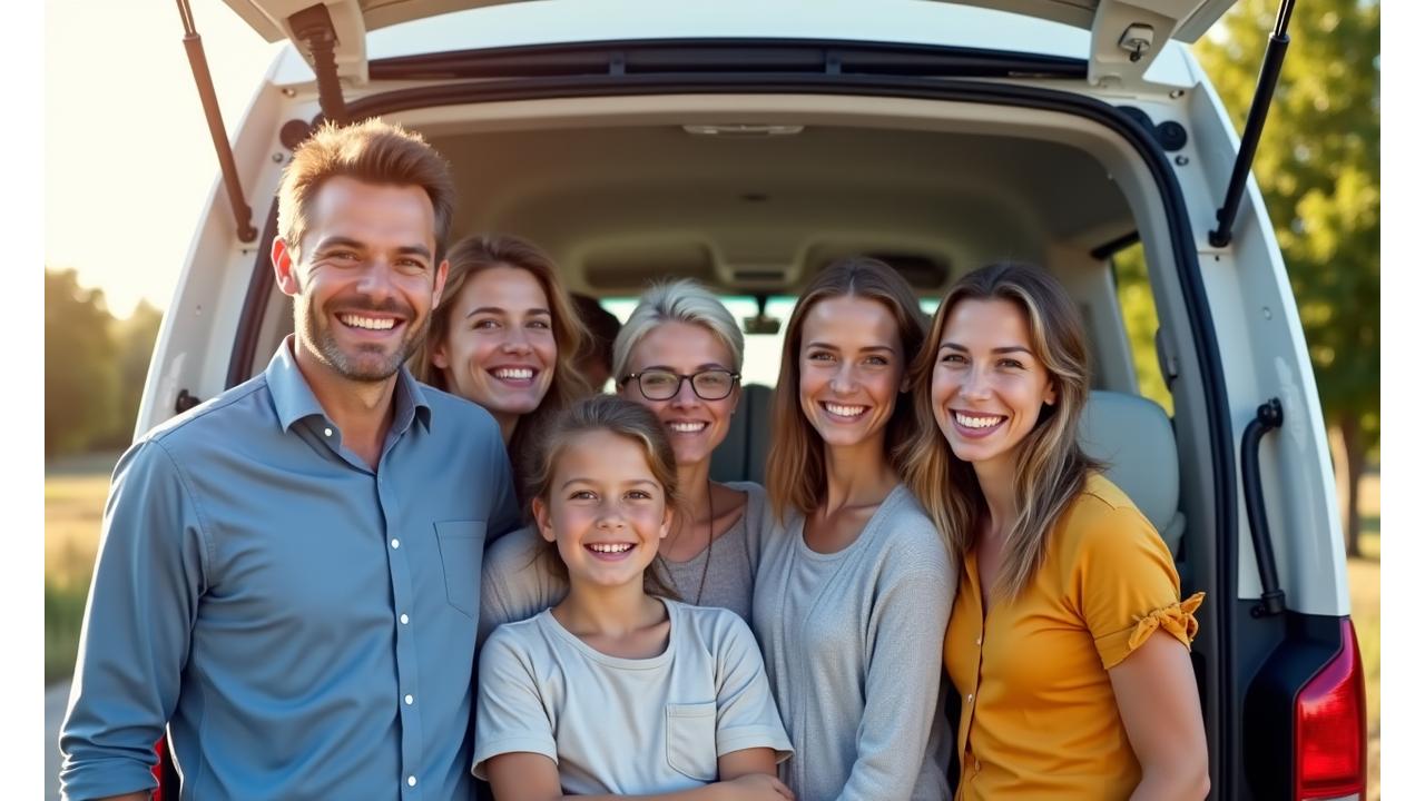 Famille souriante devant un minivan spacieux, prête pour un voyage depuis Paris