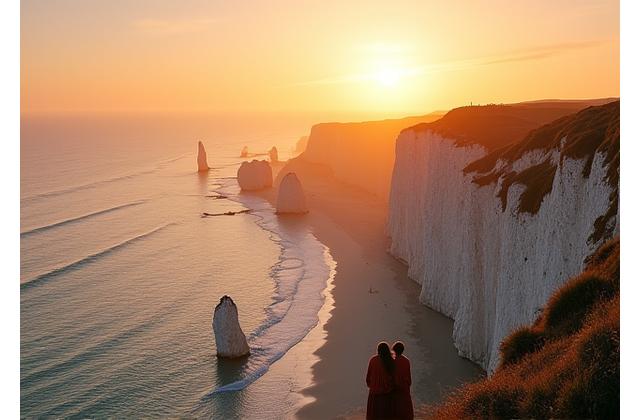 Falaises d'Étretat en Normandie au coucher du soleil, un paysage magnifique pour un road trip en minivan.