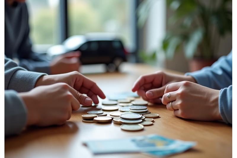 Une famille heureuse comptant des billets et des pièces, symbolisant les économies réalisées sur leur voyage de groupe.