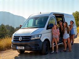 Groupe d'amis posant joyeusement devant un minivan avec la montagne en arrière-plan.