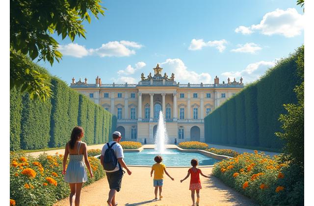 Château de Versailles majestueux sous le soleil, un lieu idéal pour une sortie en famille.