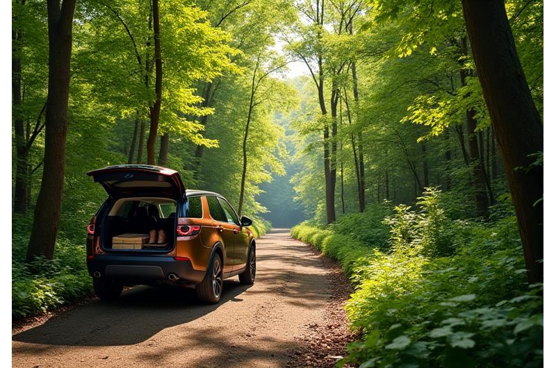 SUV sur un chemin de forêt près de Fontainebleau, avec un pique-nique à l'arrière