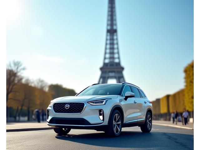 Toyota Highlander blanc avec une famille devant la Tour Eiffel