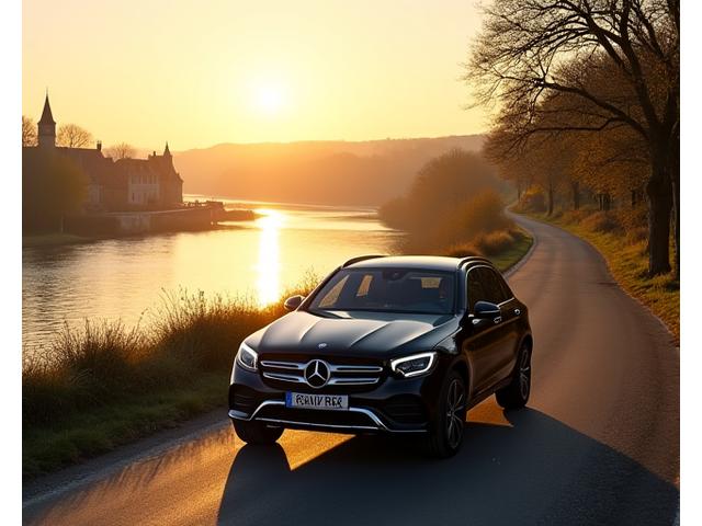 Mercedes GLC noir sur une route panoramique avec vue sur la Seine