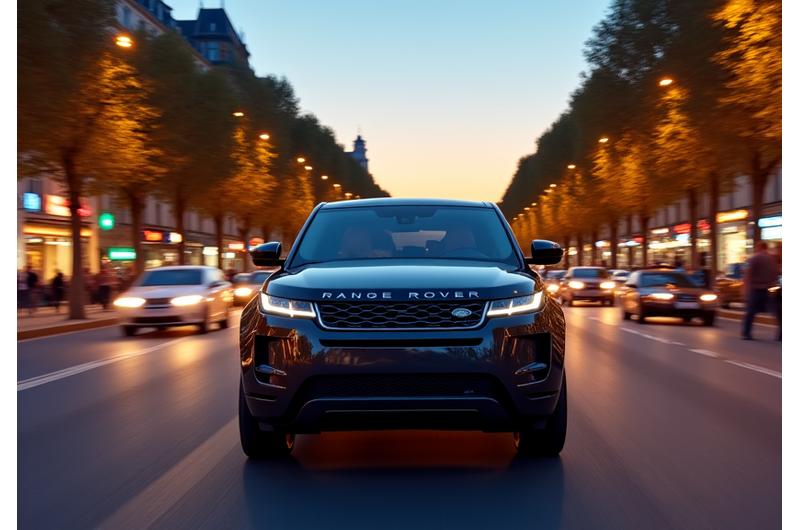 SUV élégant roulant sur les Champs-Élysées à Paris au coucher du soleil