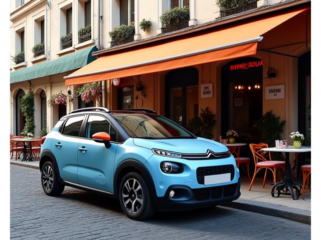 Citroën C3 bleue stationnée près d'un café parisien