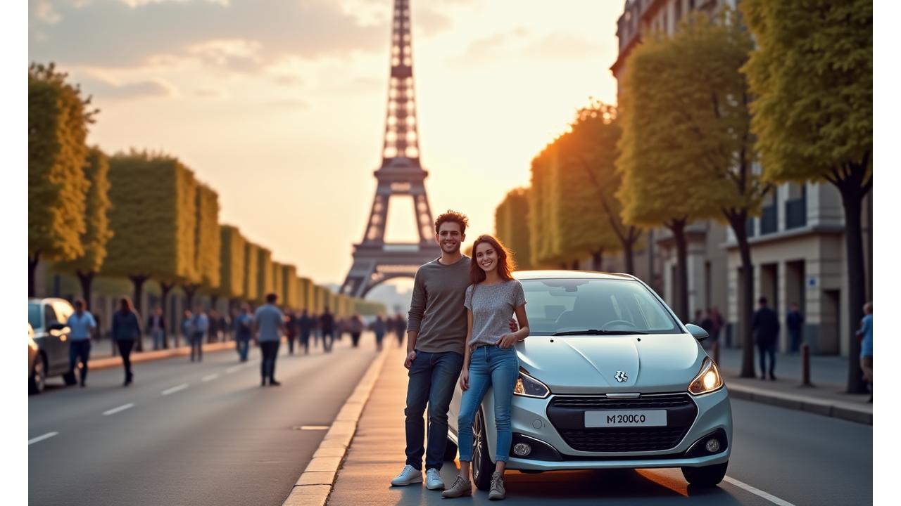 Couple souriant devant une petite voiture économique à Paris, avec la Tour Eiffel en arrière-plan.