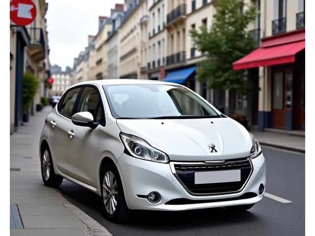 Peugeot 208 blanche arrêtée dans une rue typique de Paris