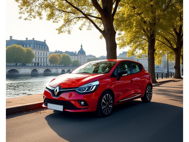Renault Clio rouge garée le long d'une berge parisienne