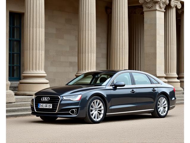 Audi A8 grise garée devant les colonnes du Palais Royal à Paris