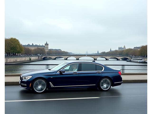 BMW Série 7 bleue en mouvement sur les quais de Seine à Paris