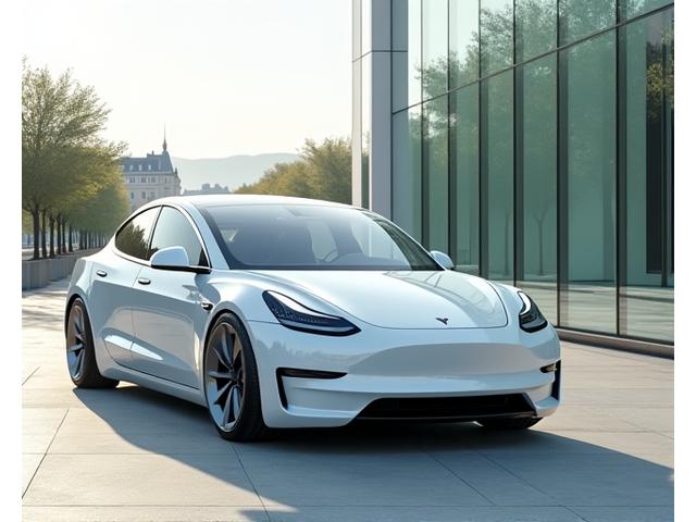 Tesla Model S blanche, silhouette futuriste, sur une place moderne à Paris