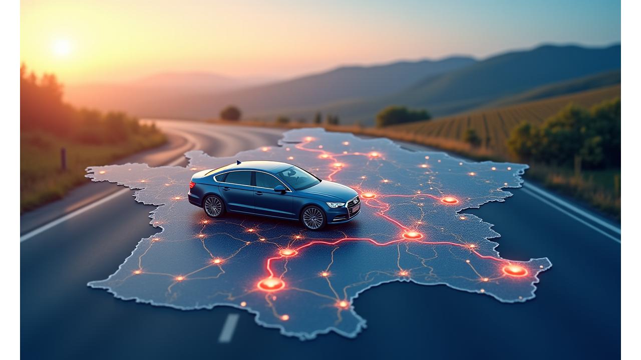 Carte de la France avec des itinéraires de road trip balisés et des véhicules symboliques