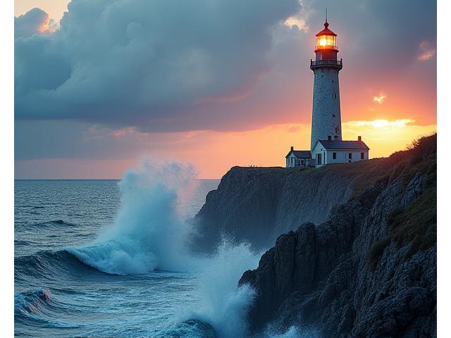 Phare sur la côte rocheuse de Bretagne au coucher du soleil