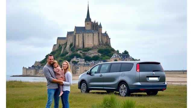 Famille devant le Mont Saint-Michel en Normandie avec un minivan Roule Libre
