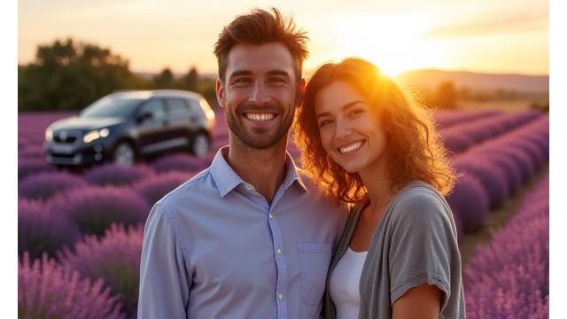 Couple souriant devant un champ de lavande en Provence avec une voiture de location en arrière-plan