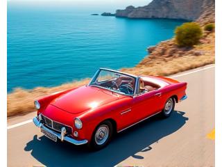 Cabriolet rouge décapotable roulant le long de la Côte d'Azur